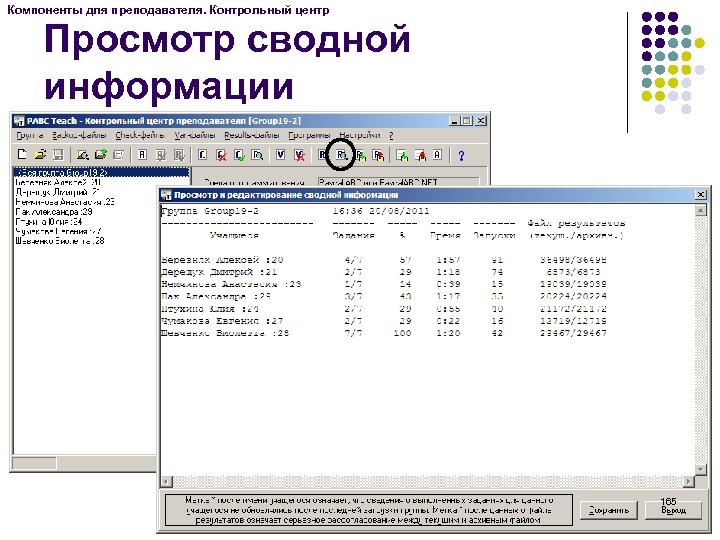 Компоненты для преподавателя. Контрольный центр Просмотр сводной информации 165 