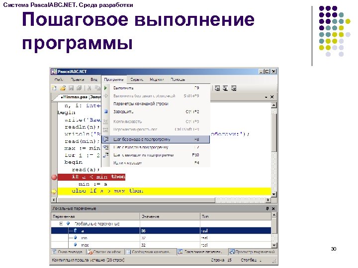Система Pascal. ABC. NET. Среда разработки Пошаговое выполнение программы 30 