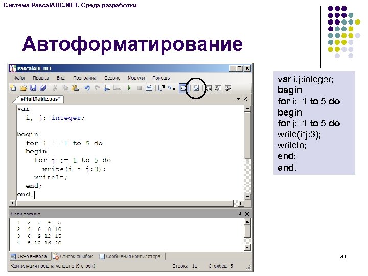 Система Pascal. ABC. NET. Среда разработки Автоформатирование var i, j: integer; begin for i: