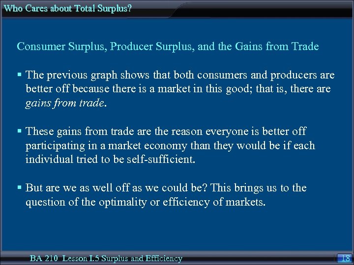 Who Cares about Total Surplus? Consumer Surplus, Producer Surplus, and the Gains from Trade