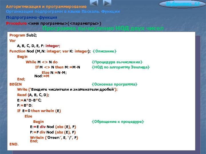 Алгоритмизация и программирование Организация подпрограмм в языке Паскаль. Функции Подпрограмма-функция Procedure <имя программы>(<параметры>) Программа