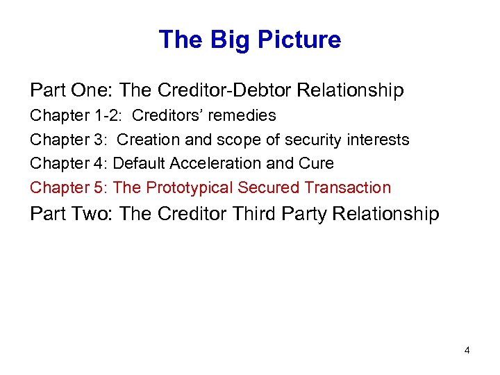 The Big Picture Part One: The Creditor-Debtor Relationship Chapter 1 -2: Creditors’ remedies Chapter