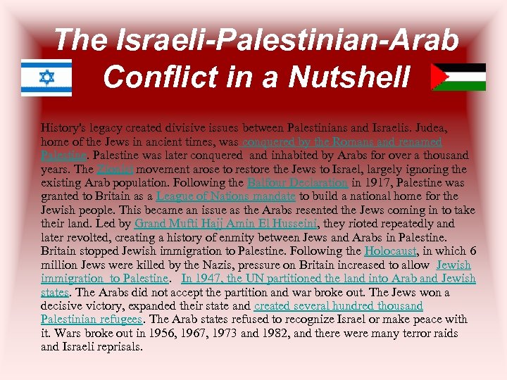 The Israeli-Palestinian-Arab Conflict in a Nutshell History's legacy created divisive issues between Palestinians and