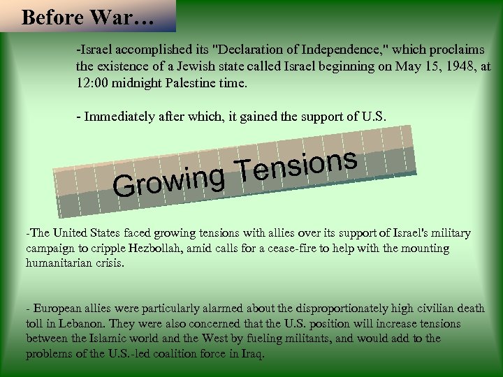 Before War… -Israel accomplished its "Declaration of Independence, " which proclaims the existence of