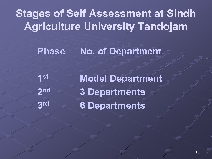 Stages of Self Assessment at Sindh Agriculture University Tandojam Phase No. of Department 1