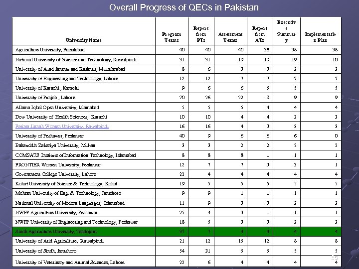 Overall Progress of QECs in Pakistan University Name Report from PTs Program Teams Assessment
