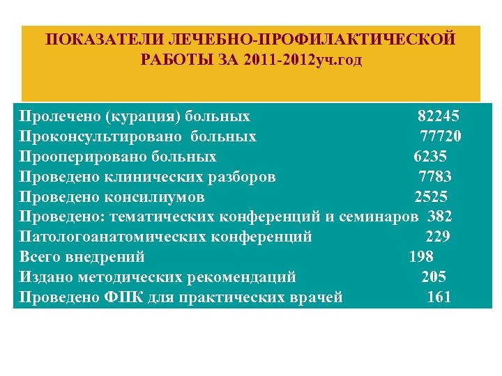 ПОКАЗАТЕЛИ ЛЕЧЕБНО-ПРОФИЛАКТИЧЕСКОЙ РАБОТЫ ЗА 2011 -2012 уч. год Пролечено (курация) больных 82245 Проконсультировано больных