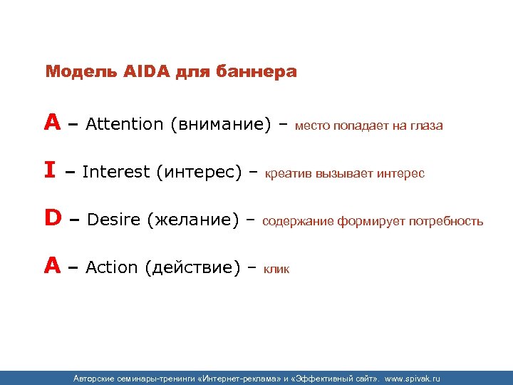 Модель AIDA для баннера A – Attention (внимание) – место попадает на глаза I