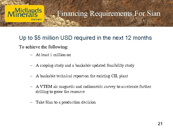 Financing Requirements For Sian Up to $5 million USD required in the next 12