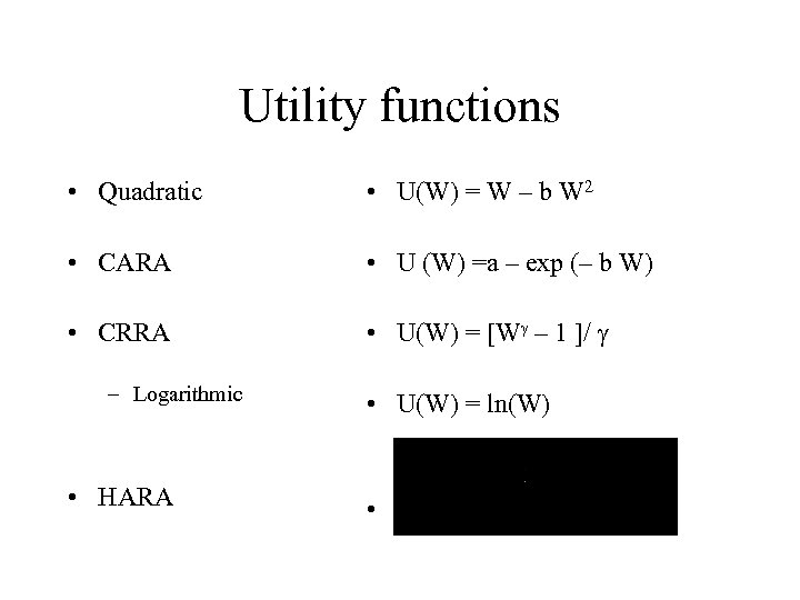 Utility functions • Quadratic • U(W) = W – b W 2 • CARA