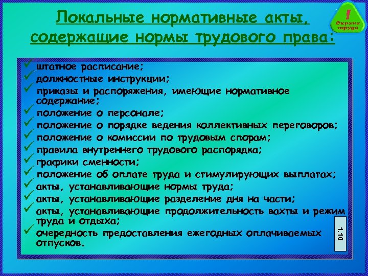 Локальные нормативные акты, содержащие нормы трудового права: отпусков. 1. 10 ü штатное расписание; ü