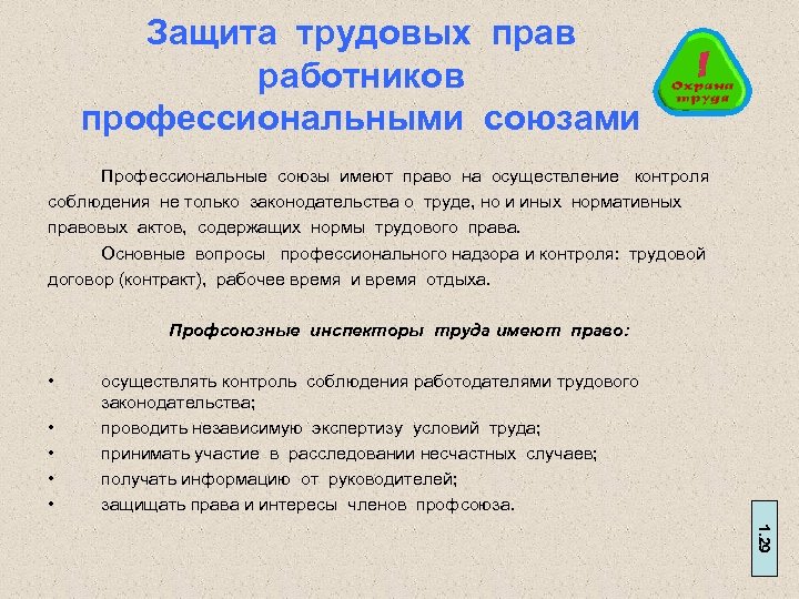 Защита трудовых прав работников профессиональными союзами Профессиональные союзы имеют право на осуществление контроля соблюдения