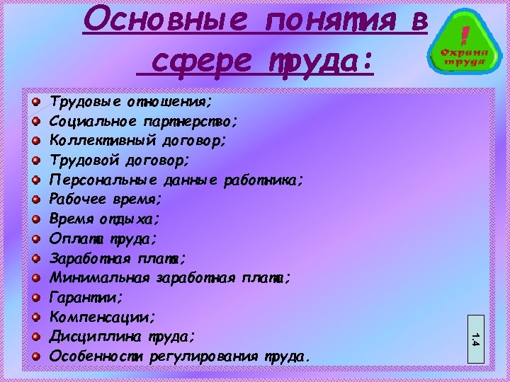 Основные понятия в сфере труда: 1. 4 Трудовые отношения; Социальное партнерство; Коллективный договор; Трудовой