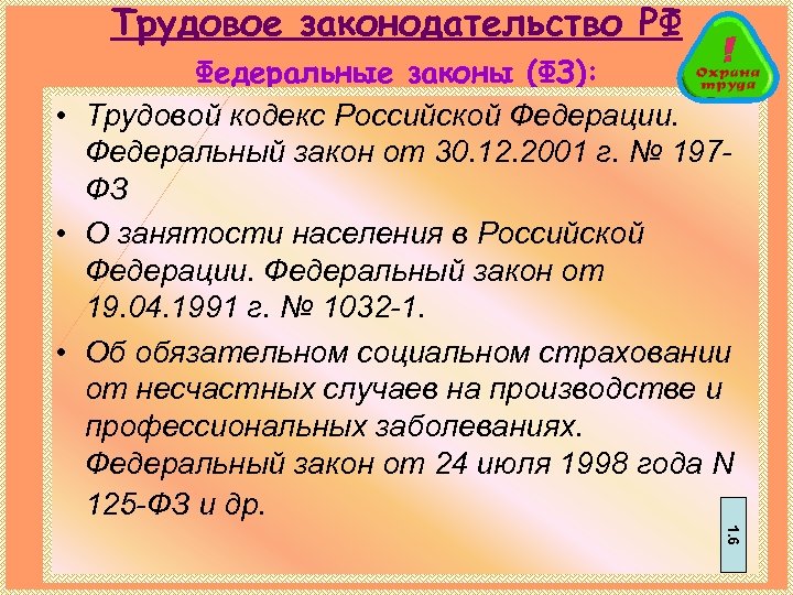 Трудовое законодательство РФ Федеральные законы (ФЗ): • Трудовой кодекс Российской Федерации. Федеральный закон от