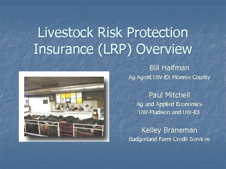 Livestock Risk Protection Insurance (LRP) Overview Bill Halfman Ag Agent UW-EX Monroe County Paul