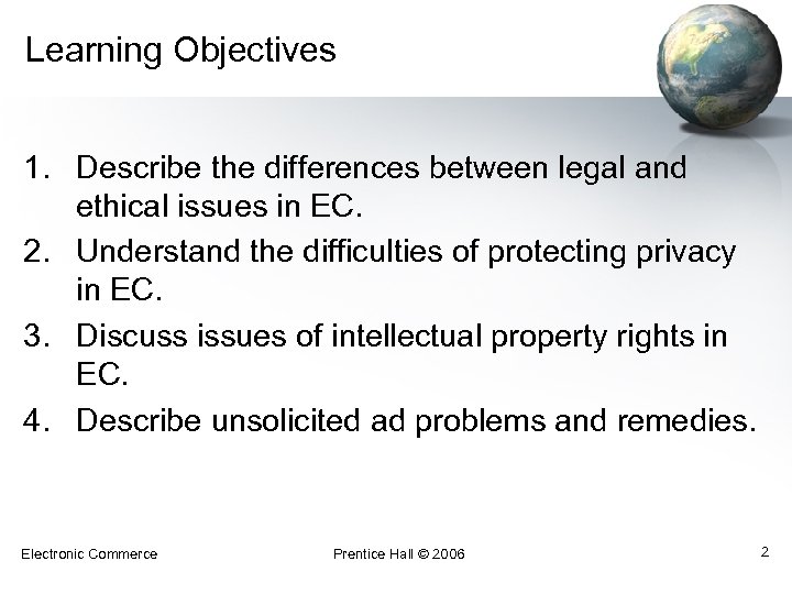 Learning Objectives 1. Describe the differences between legal and ethical issues in EC. 2.