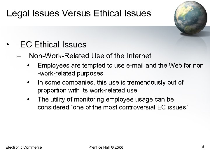 Legal Issues Versus Ethical Issues • EC Ethical Issues – Non-Work-Related Use of the