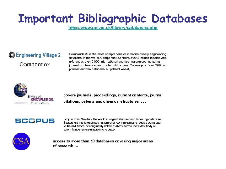 Important Bibliographic Databases http: //www. ncl. ac. uk/library/databases. php Compendex® is the most comprehensive