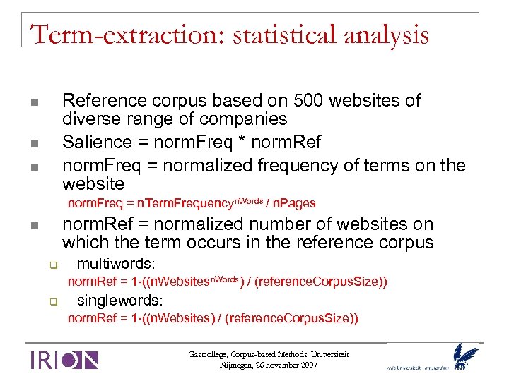 Term-extraction: statistical analysis Reference corpus based on 500 websites of diverse range of companies