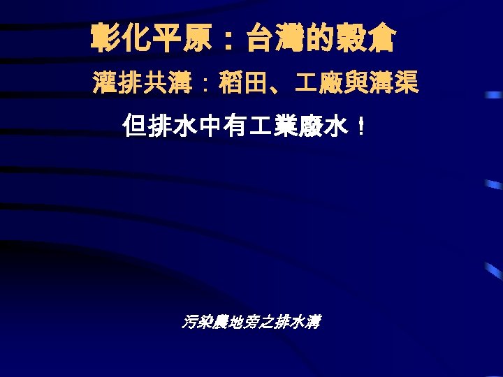 彰化平原：台灣的穀倉 灌排共溝：稻田、 廠與溝渠 但排水中有 業廢水！ 污染農地旁之排水溝 
