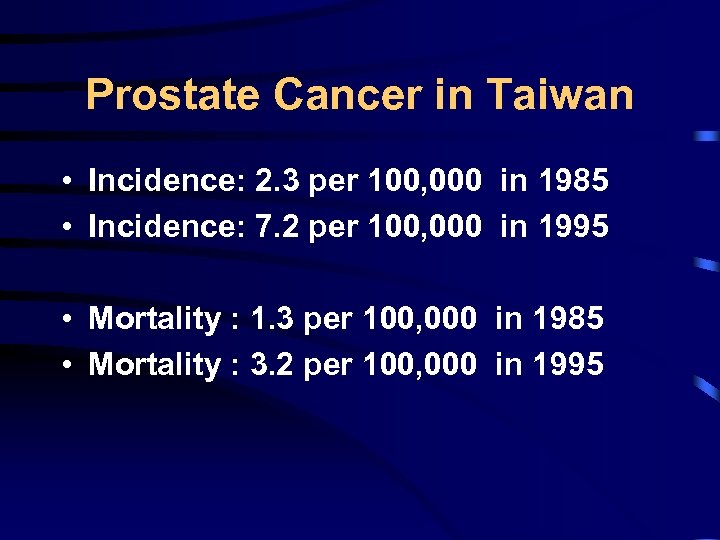 Prostate Cancer in Taiwan • Incidence: 2. 3 per 100, 000 in 1985 •