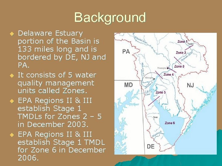 Background u u Delaware Estuary portion of the Basin is 133 miles long and
