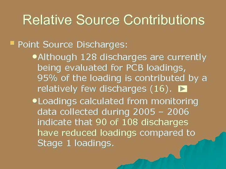 Relative Source Contributions § Point Source Discharges: • Although 128 discharges are currently being