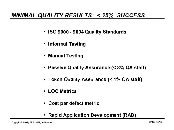 MINIMAL QUALITY RESULTS: < 25% SUCCESS • ISO 9000 - 9004 Quality Standards •