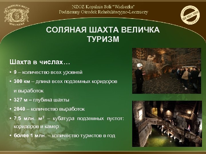 СОЛЯНАЯ ШАХТА ВЕЛИЧКА ТУРИЗМ Шахта в числах… • 9 – количество всех уровней •