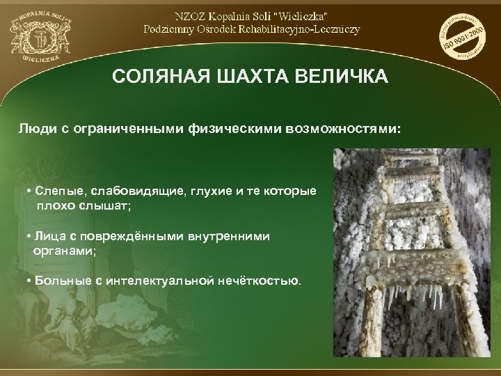 СОЛЯНАЯ ШАХТА ВЕЛИЧКА Люди с ограниченными физическими возможностями: • Слепые, слабовидящие, глухие и те