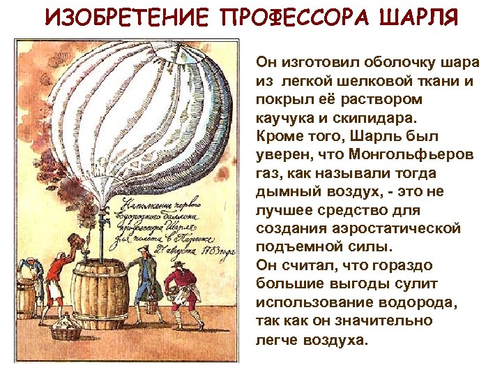 ИЗОБРЕТЕНИЕ ПРОФЕССОРА ШАРЛЯ Он изготовил оболочку шара из легкой шелковой ткани и покрыл её