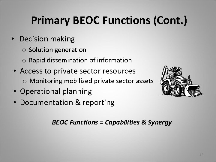Primary BEOC Functions (Cont. ) • Decision making o Solution generation o Rapid dissemination