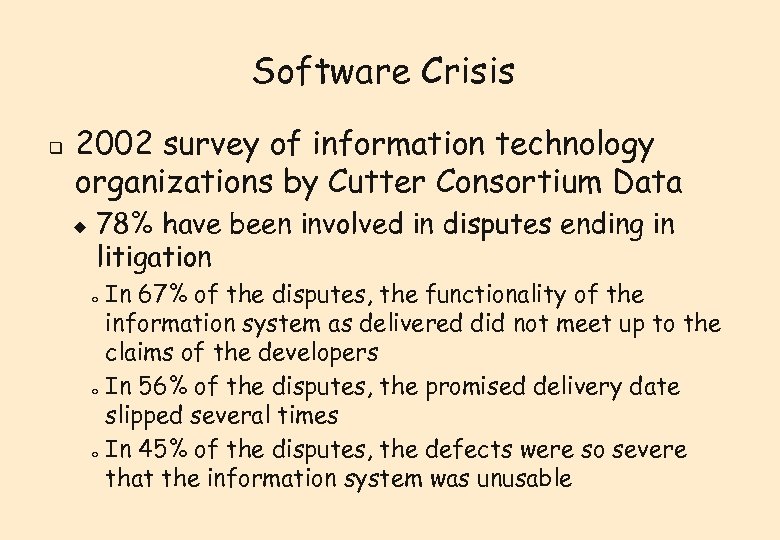 Software Crisis q 2002 survey of information technology organizations by Cutter Consortium Data u