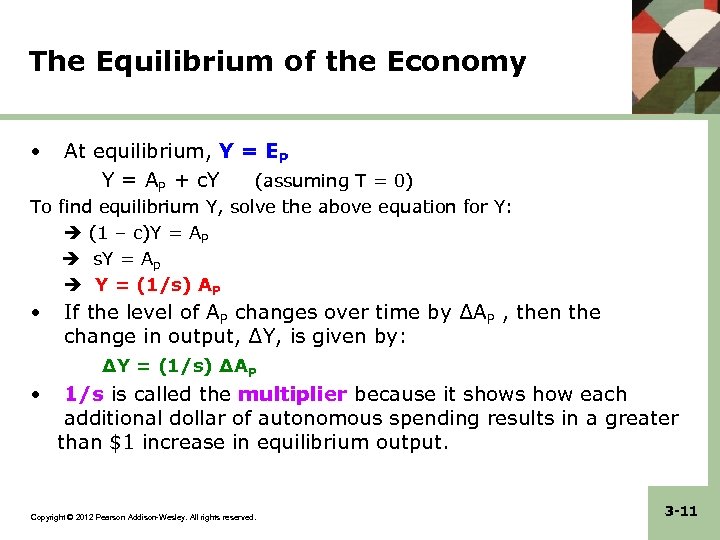 The Equilibrium of the Economy • At equilibrium, Y = EP Y = AP