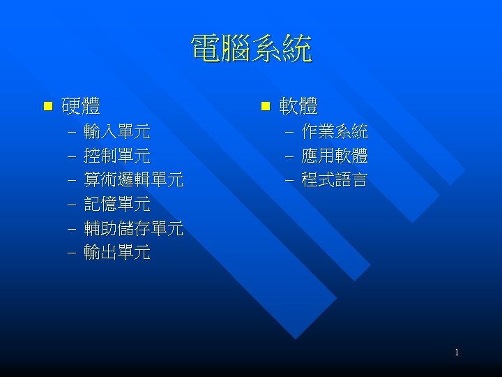 電腦系統 n 硬體 – – – 輸入單元 控制單元 算術邏輯單元 記憶單元 輔助儲存單元 輸出單元 n 軟體