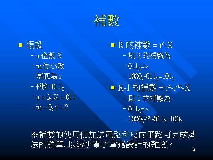 補數 n 假設 –n 位數 X –m 位小數 –基底為 r –例如 0112 –n =