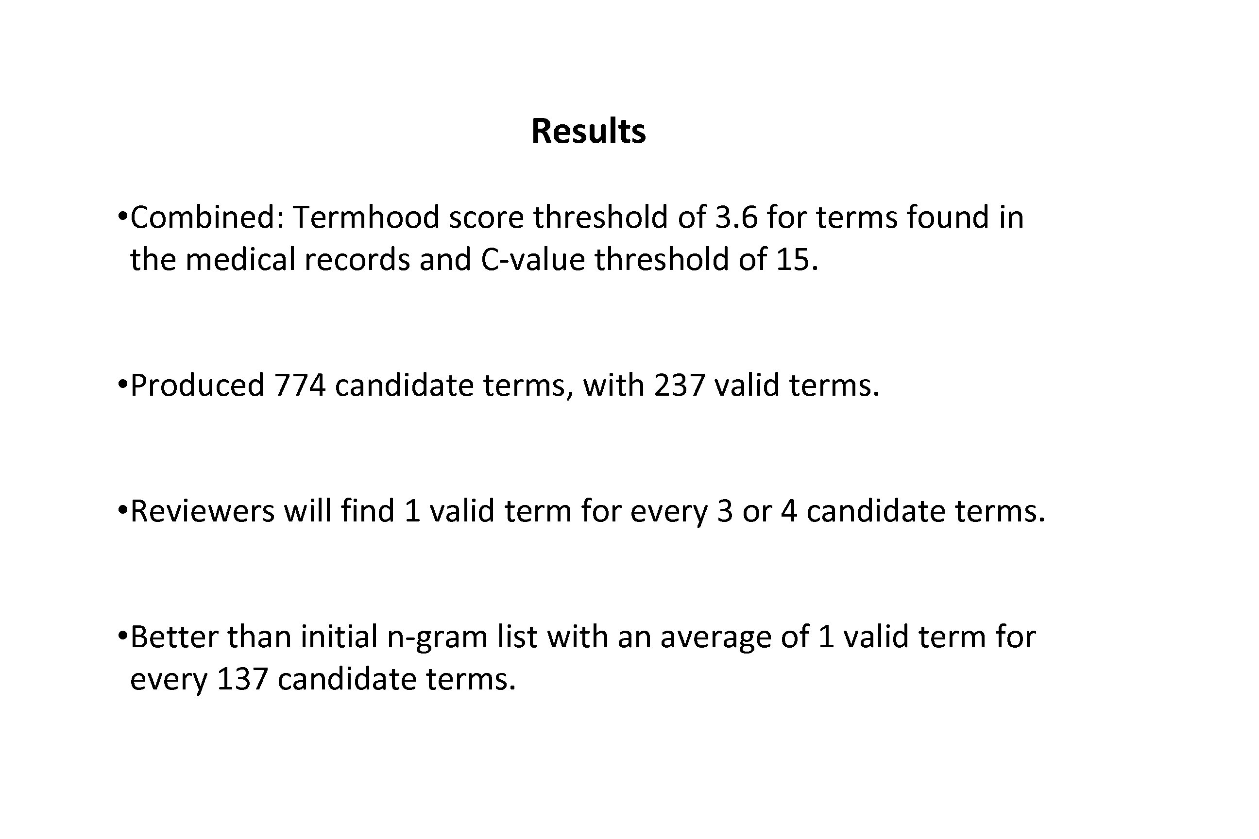 Results • Combined: Termhood score threshold of 3. 6 for terms found in the