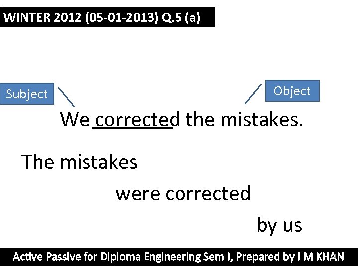 WINTER 2012 (05 -01 -2013) Q. 5 (a) Object Subject We corrected the mistakes.