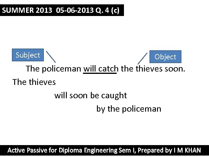 SUMMER 2013 05 -06 -2013 Q. 4 (c) Subject Object The policeman will catch