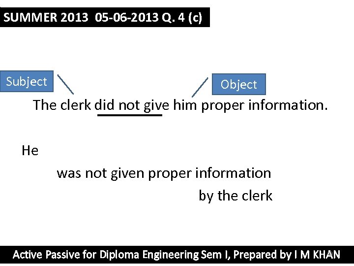 SUMMER 2013 05 -06 -2013 Q. 4 (c) Subject Object The clerk did not
