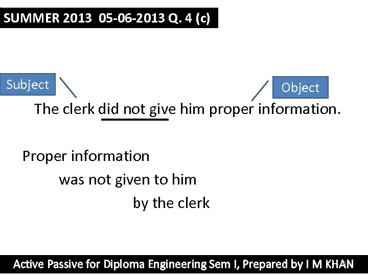 SUMMER 2013 05 -06 -2013 Q. 4 (c) Subject Object The clerk did not