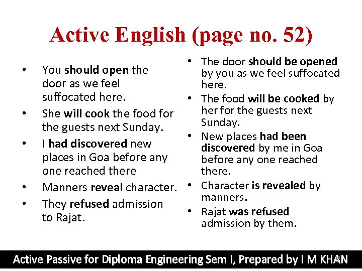 Active English (page no. 52) • • • The door should be opened You
