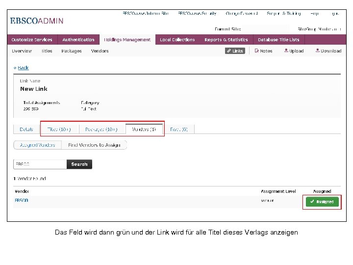 Das Feld wird dann grün und der Link wird für alle Titel dieses Verlags