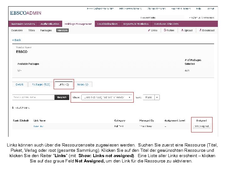 Links können auch über die Ressourcenseite zugewiesen werden. Suchen Sie zuerst eine Ressource (Titel,