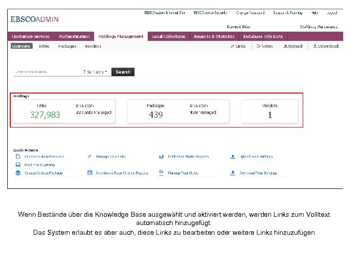 Wenn Bestände über die Knowledge Base ausgewählt und aktiviert werden, werden Links zum Vollltext