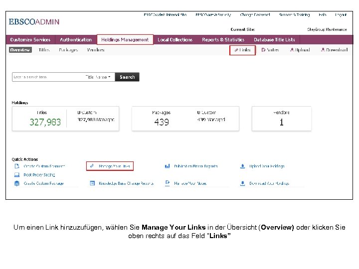 Um einen Link hinzuzufügen, wählen Sie Manage Your Links in der Übersicht (Overview) oder