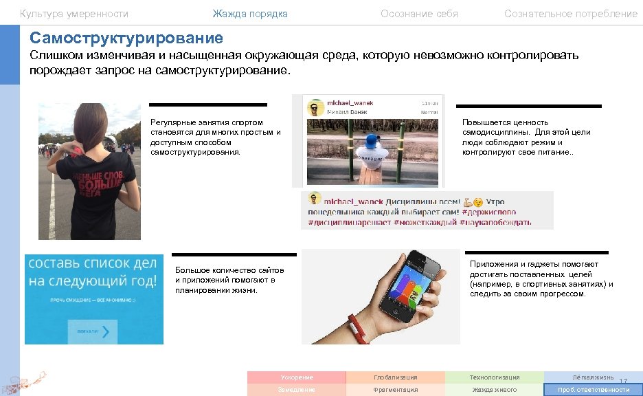Культура умеренности Жажда порядка Осознание себя Сознательное потребление Самоструктурирование Слишком изменчивая и насыщенная окружающая