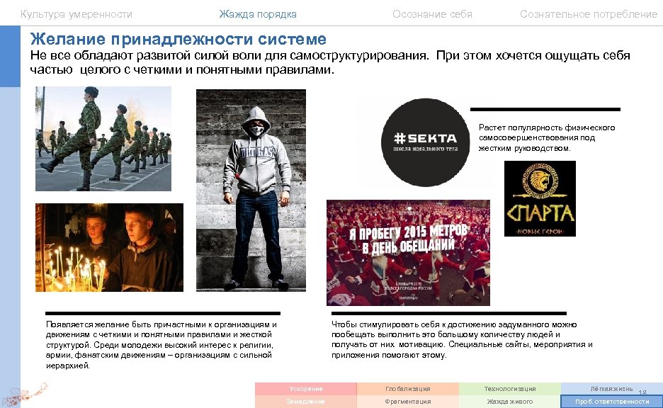 Культура умеренности Жажда порядка Осознание себя Сознательное потребление Желание принадлежности системе Не все обладают