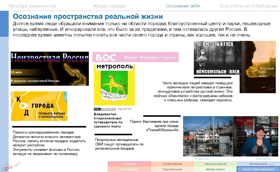 Культура умеренности Жажда порядка Осознание себя Сознательное потребление Осознание пространства реальной жизни Долгое время