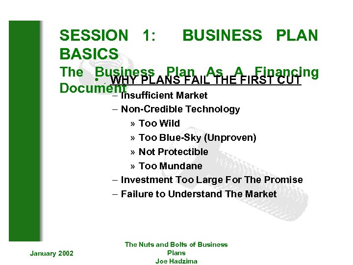 SESSION 1: BASICS BUSINESS PLAN The Business Plan As A Financing • . WHY